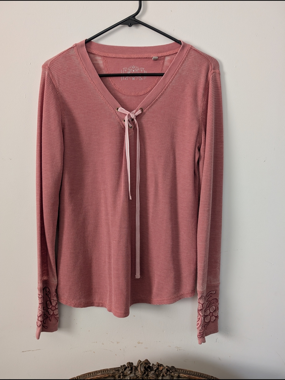 Rose Pink Lace-Up Thermal Top - Women. Embroidery Detail On Sleeve Cuff.